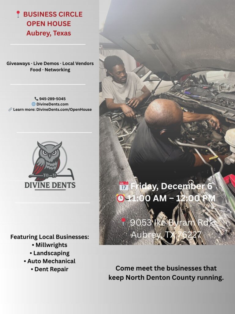 Divine Dents Business Circle Open House flyer for December 6th in Aubrey, Texas