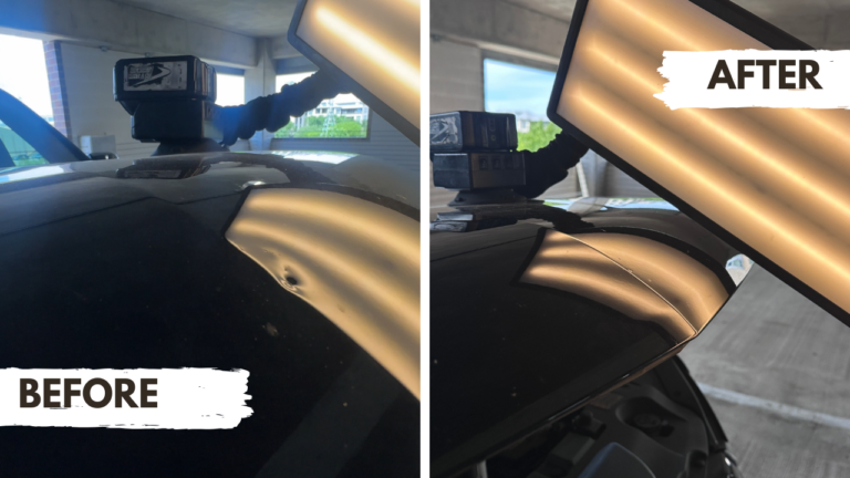 Before and after paintless dent repair in Frisco TX showing dent removal results by Divine Dents mobile service