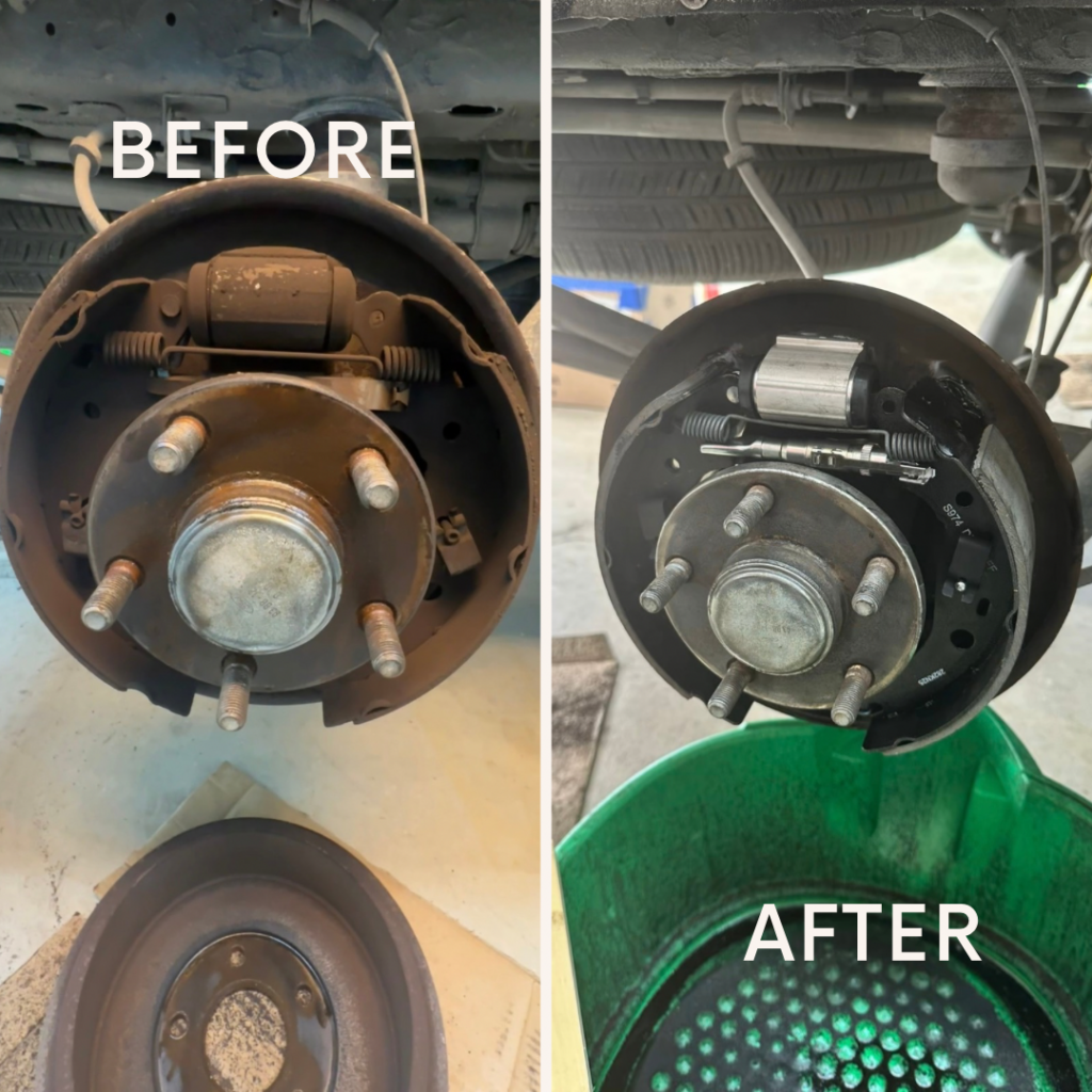 Before and after rear drum brake service showing new brake shoes, hardware, and wheel cylinder installation on a fleet vehicle maintained by Divine Dents in Aubrey, Texas.