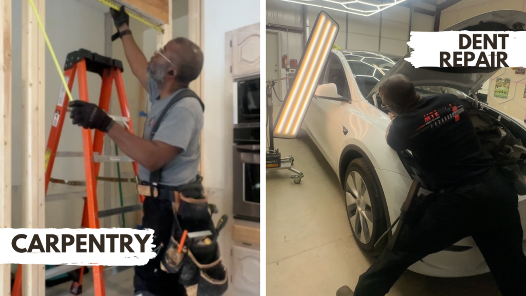 Split image showing carpentry work and paintless dent repair services we offer in the DFW area.