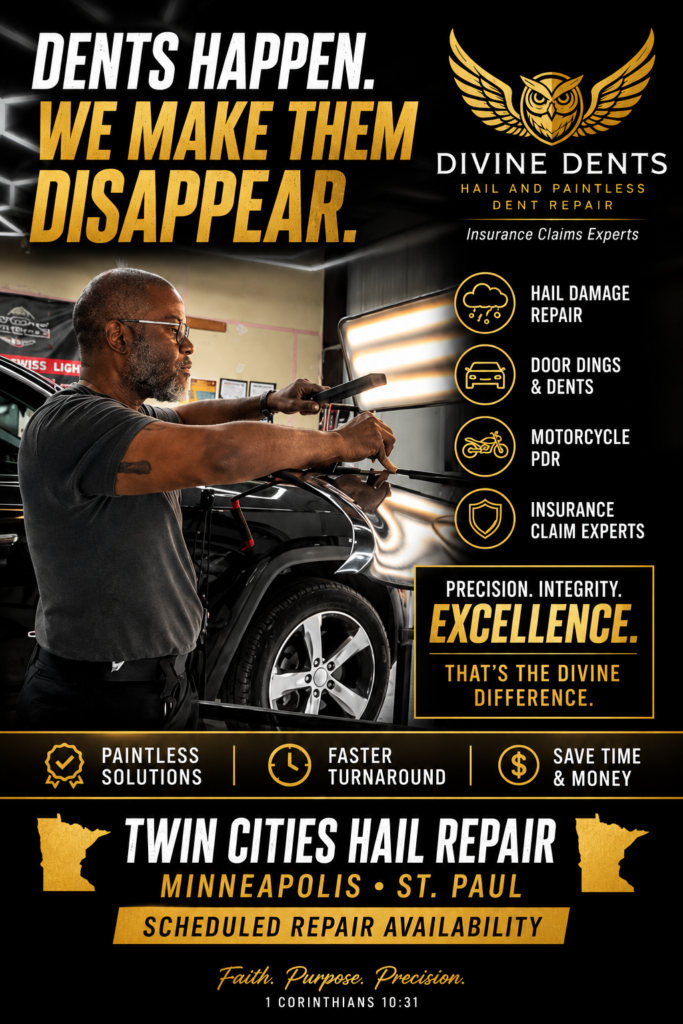 Divine Dents Twin Cities hail repair and paintless dent repair in Minneapolis and St. Paul, Minnesota