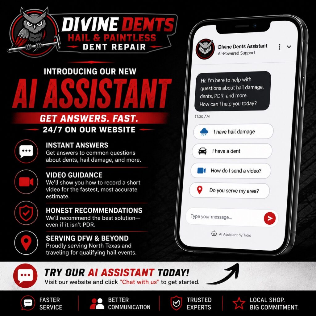 Divine Dents AI Repair Assistant helping customers with hail damage repair, Paintless Dent Repair questions, insurance guidance, and damage video instructions.