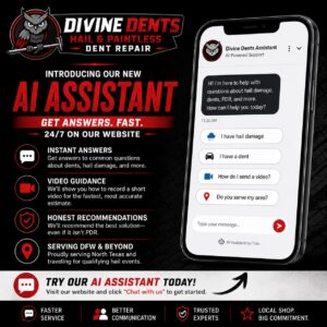 Divine Dents AI Repair Assistant helping customers with hail damage repair, Paintless Dent Repair questions, insurance guidance, and damage video instructions.
