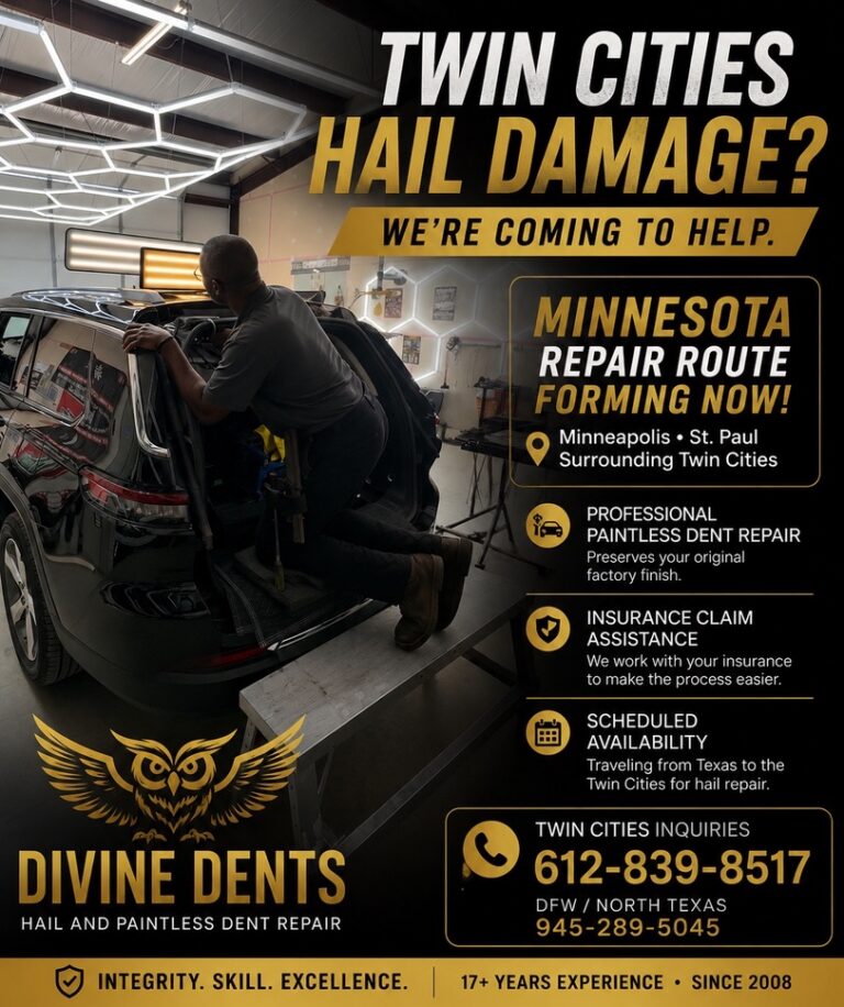 Twin Cities Minnesota hail damage repair by Divine Dents. Paintless Dent Repair for Minneapolis, St. Paul, and surrounding Twin Cities communities with insurance claim assistance.