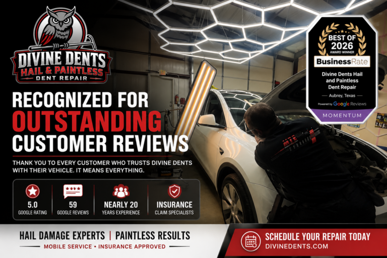 Divine Dents technician repairing a white SUV with BusinessRate 2026 customer review recognition in Aubrey, Texas