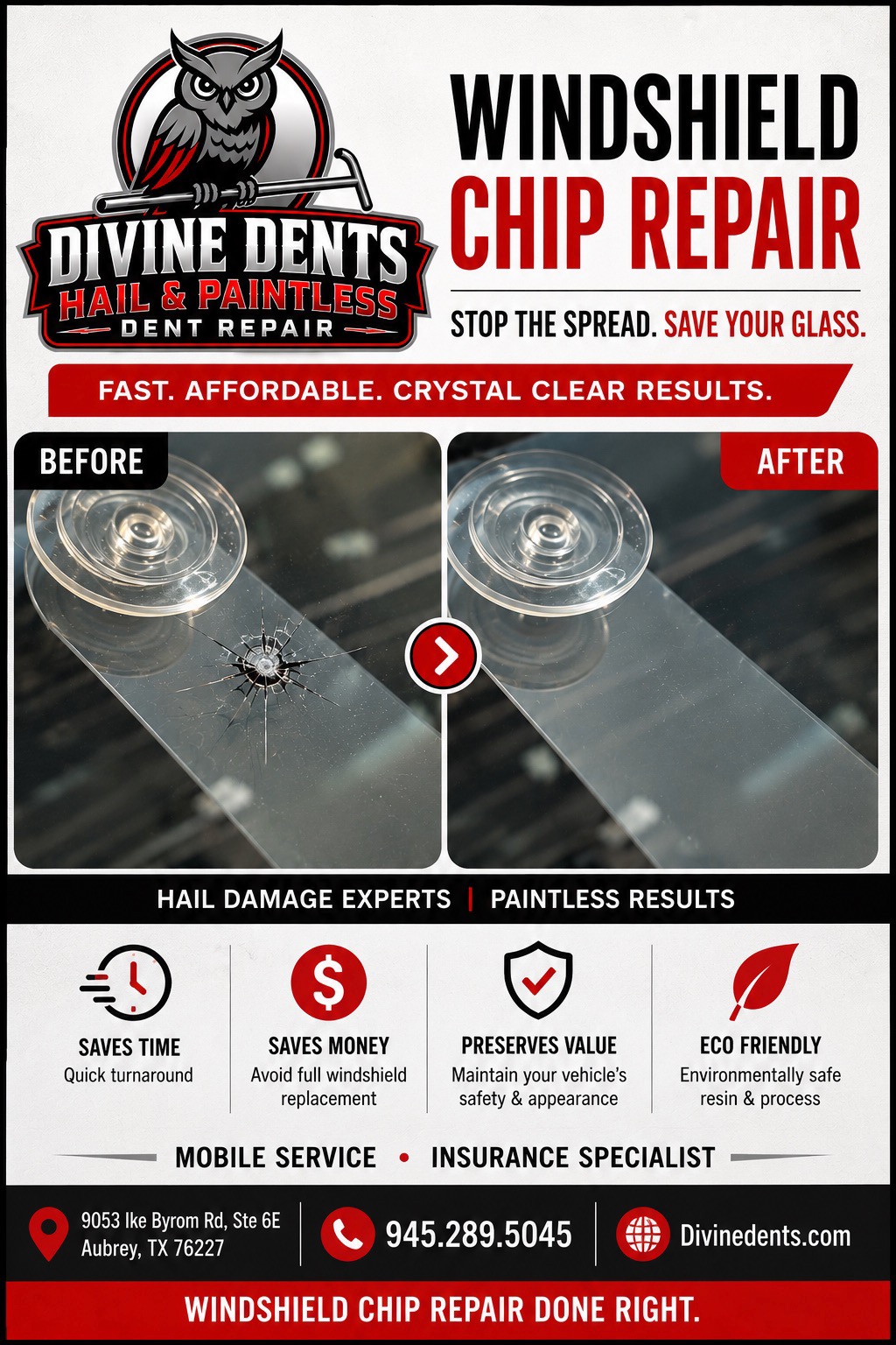 Windshield chip repair before and after at Divine Dents in Aubrey, TX